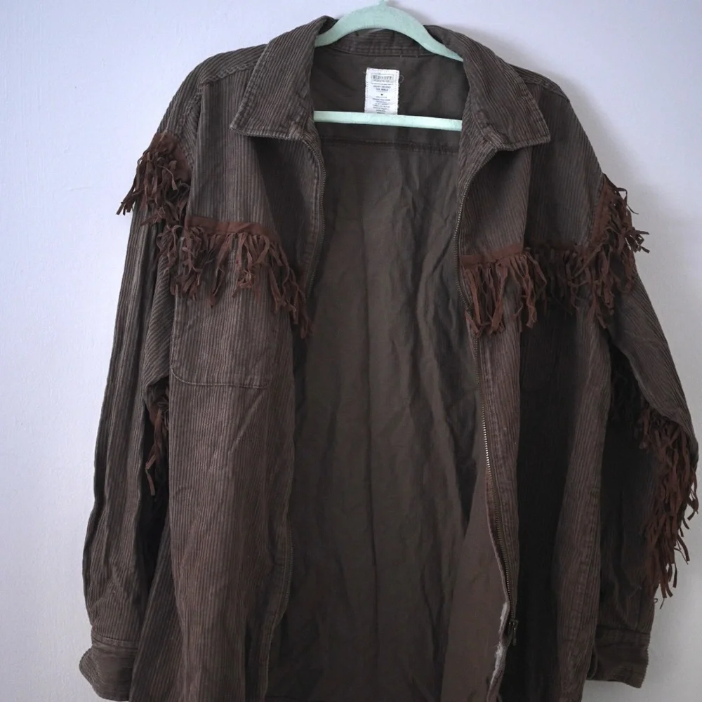 Vintage 90’s Old Navy Brown Fringe Zipped Corduroy Jacket Size M(men’s) Y2K Boho - Picture 1 of 10